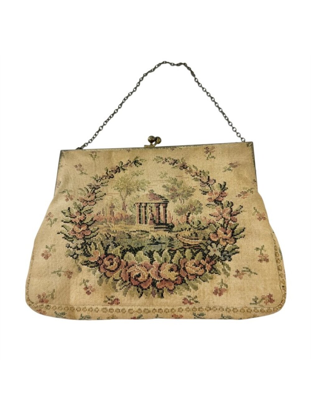 French Petit Point Tapestry Evening Bag Handbag Made in France Vintage 1940s